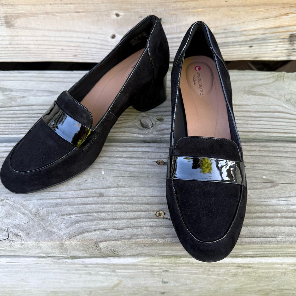 Clarks Un Cosmo Black Suede Patent Leather Pumps Block Heel Chic Size 8.5 M
